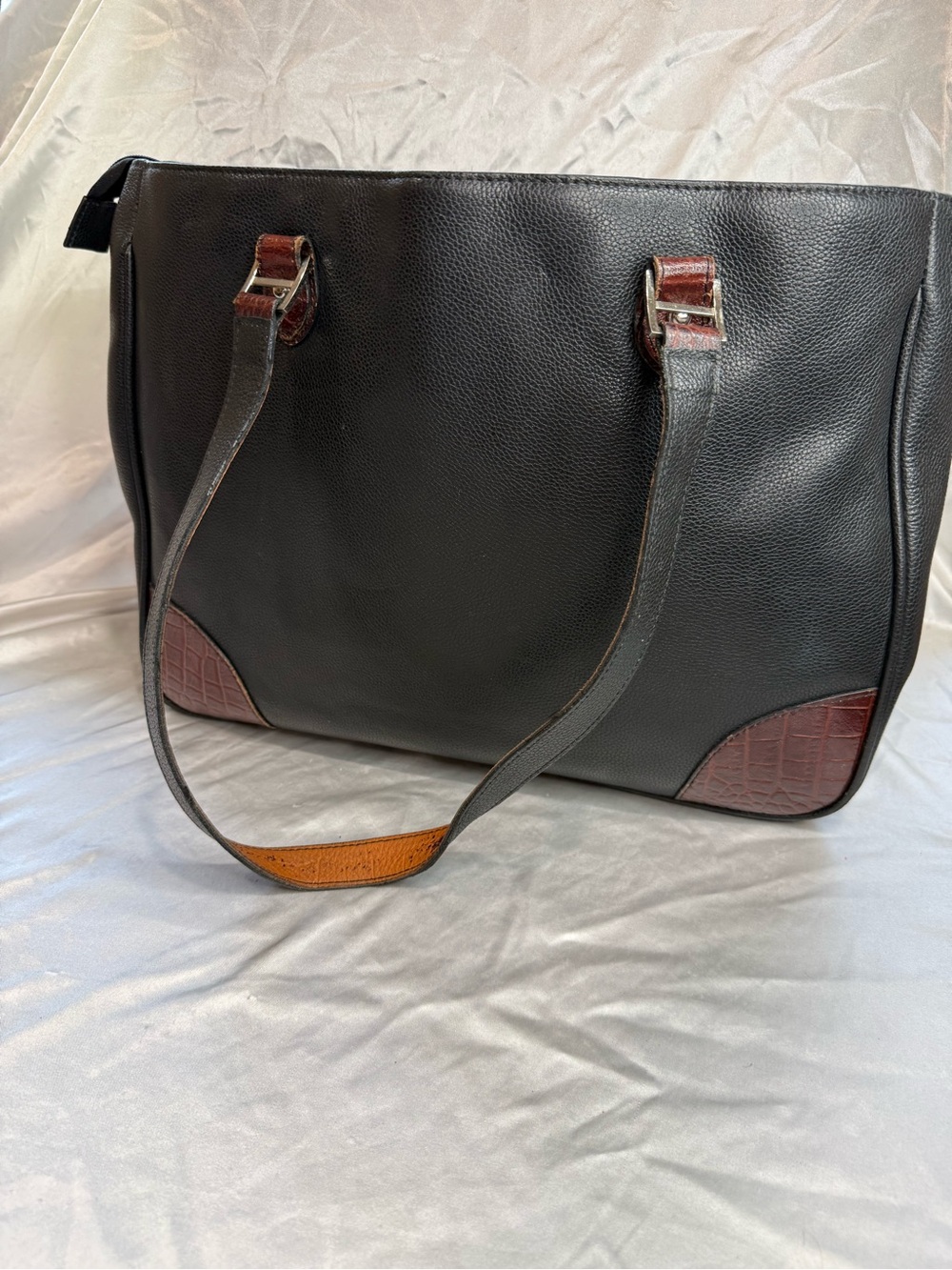 Elegant Leather Black Shoulder Laptop Tote with Brown Accent Corners